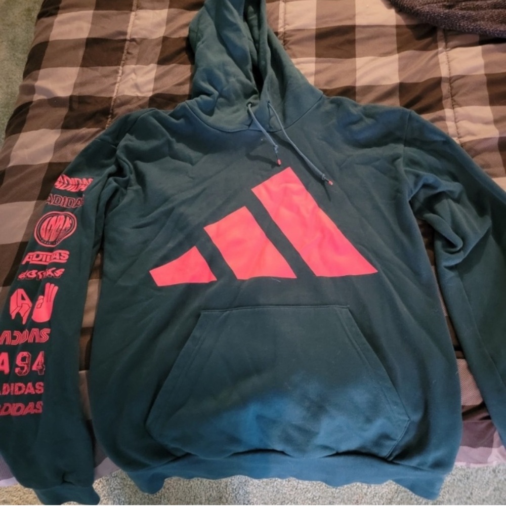 Adidas Men's Teal Hoodie with Bold Pink Logo
